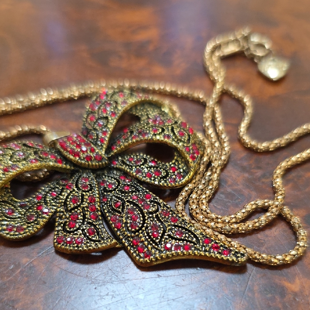 Besty Johnson Gold and Red Bow Pendant Necklace
